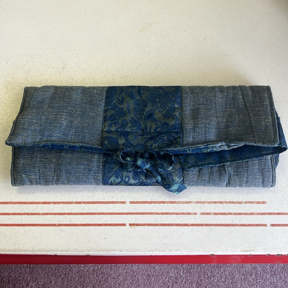 Blue Quilted Knitting Needle Clutch with Tone on Tone Floral Accent